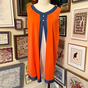 Vintage 60s Orange & Blue Sleeveless Nylon Nightie with White Accent Pleat XL